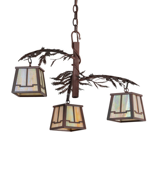 Meyda Lighting Pine Branch 28" 3-Light Rust & Wrought Iron Valley View Chandelier With Beige Iridescent Shade Glass
