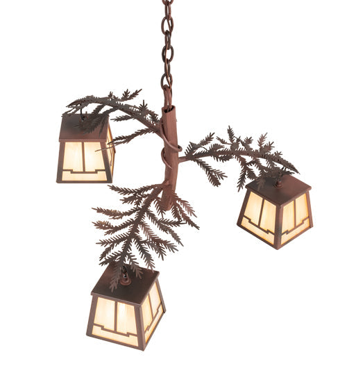 Meyda Lighting Pine Branch 28" 3-Light Rust & Wrought Iron Valley View Chandelier With Beige Iridescent Shade Glass