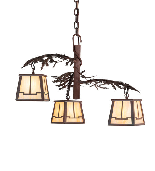 Meyda Lighting Pine Branch 28" 3-Light Rust & Wrought Iron Valley View Chandelier With Beige Iridescent Shade Glass