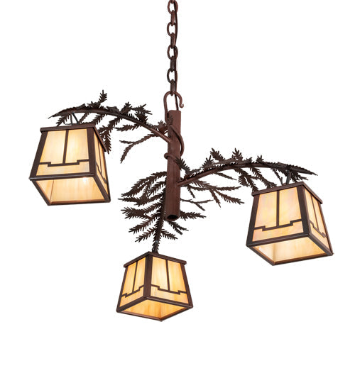 Meyda Lighting Pine Branch 28" 3-Light Rust & Wrought Iron Valley View Chandelier With Beige Iridescent Shade Glass