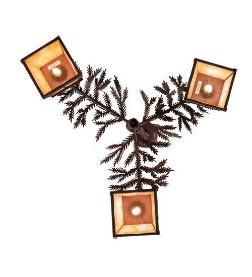Meyda Lighting Pine Branch 28" 3-Light Rust & Wrought Iron Valley View Chandelier With Beige Iridescent Shade Glass