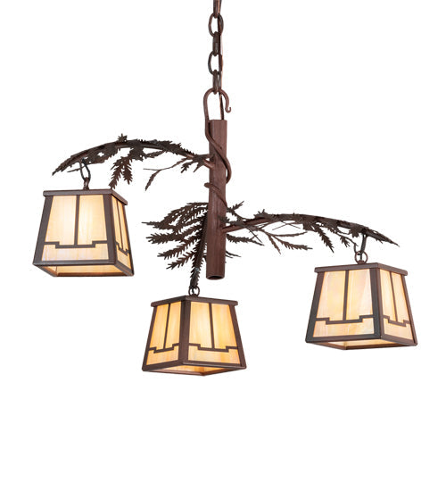 Meyda Lighting Pine Branch 28" 3-Light Rust & Wrought Iron Valley View Chandelier With Beige Iridescent Shade Glass