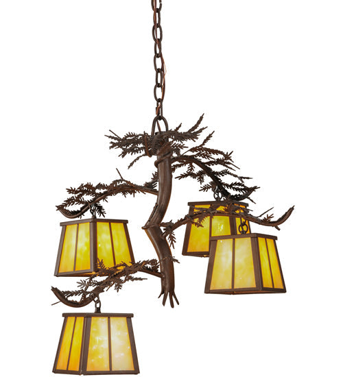 Meyda Lighting Pine Branch 28" 4-Light Cafe Noir Chandelier With Beige Art Shade Glass