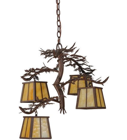 Meyda Lighting Pine Branch 28" 4-Light Cafe Noir Chandelier With Beige Art Shade Glass