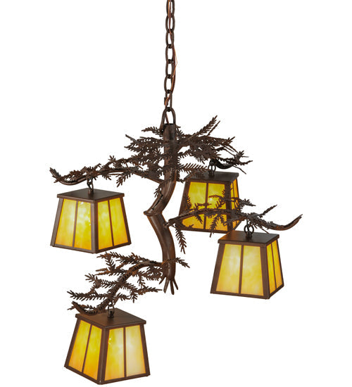 Meyda Lighting Pine Branch 28" 4-Light Cafe Noir Chandelier With Beige Art Shade Glass