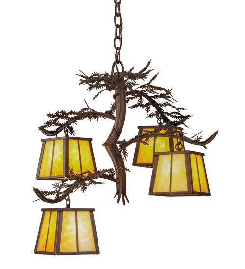 Meyda Lighting Pine Branch 28" 4-Light Cafe Noir Chandelier With Beige Art Shade Glass