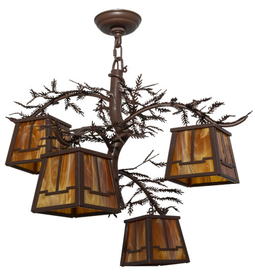 Meyda Lighting Pine Branch 28" 4-Light Cafe Noir Valley View Chandelier With Honey Opal Art Frosted Shade Glass