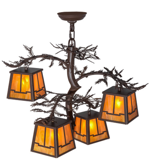 Meyda Lighting Pine Branch 28" 4-Light Cafe Noir Valley View Chandelier With Honey Opal Art Frosted Shade Glass