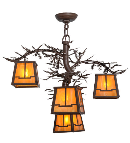 Meyda Lighting Pine Branch 28" 4-Light Cafe Noir Valley View Chandelier With Honey Opal Art Frosted Shade Glass