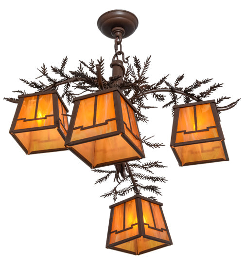 Meyda Lighting Pine Branch 28" 4-Light Cafe Noir Valley View Chandelier With Honey Opal Art Frosted Shade Glass