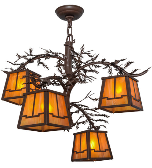 Meyda Lighting Pine Branch 28" 4-Light Cafe Noir Valley View Chandelier With Honey Opal Art Frosted Shade Glass