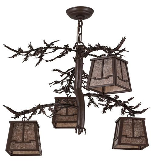 Meyda Lighting Pine Branch 28" 4-Light Cafe Noir Valley View Chandelier With Silver Mica Shade Glass