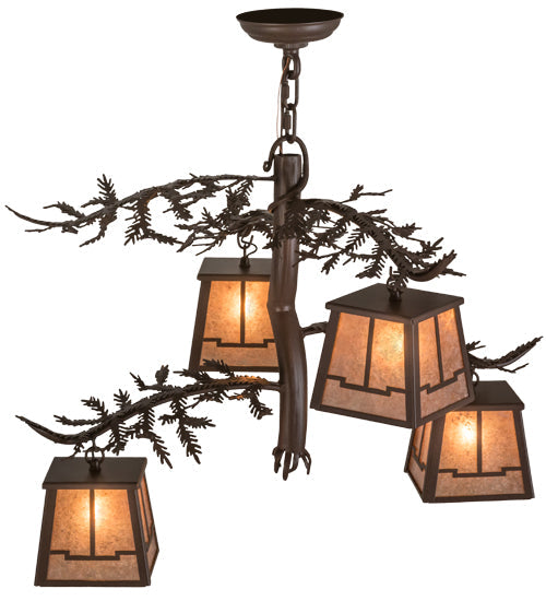 Meyda Lighting Pine Branch 28" 4-Light Cafe Noir Valley View Chandelier With Silver Mica Shade Glass