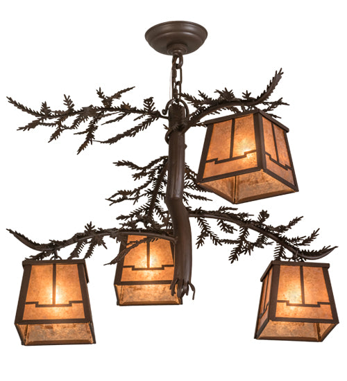 Meyda Lighting Pine Branch 28" 4-Light Cafe Noir Valley View Chandelier With Silver Mica Shade Glass