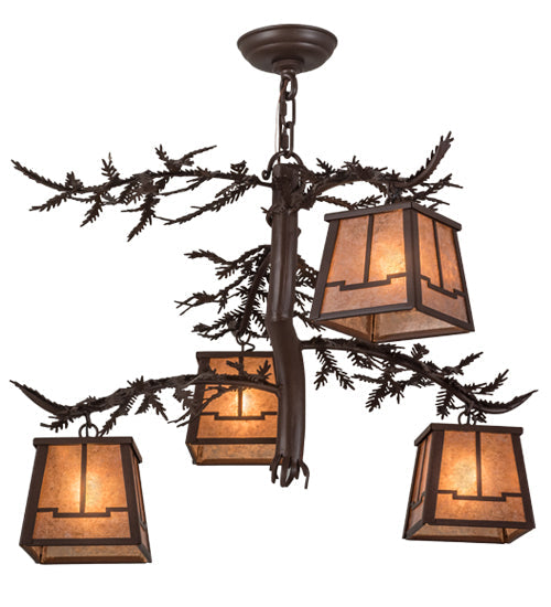 Meyda Lighting Pine Branch 28" 4-Light Cafe Noir Valley View Chandelier With Silver Mica Shade Glass