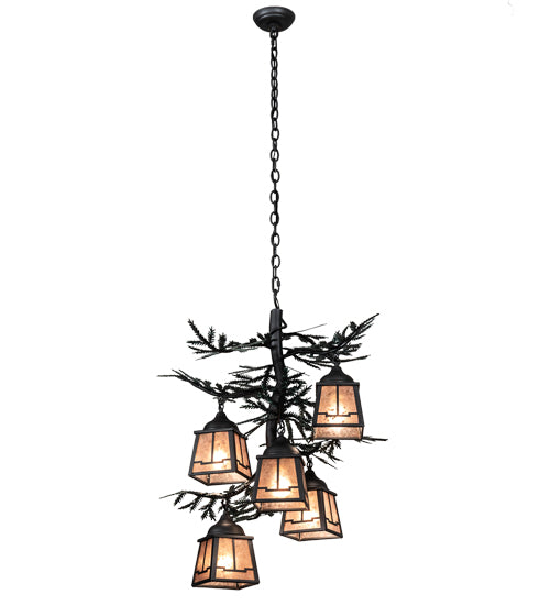 Meyda Lighting Pine Branch 28" 5-Light Gun Metal & Green Branches Valley View Chandelier With Silver Mica Shade Glass