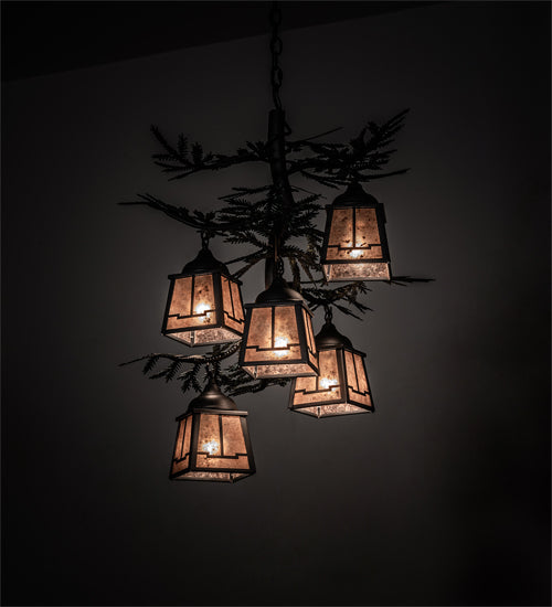 Meyda Lighting Pine Branch 28" 5-Light Gun Metal & Green Branches Valley View Chandelier With Silver Mica Shade Glass