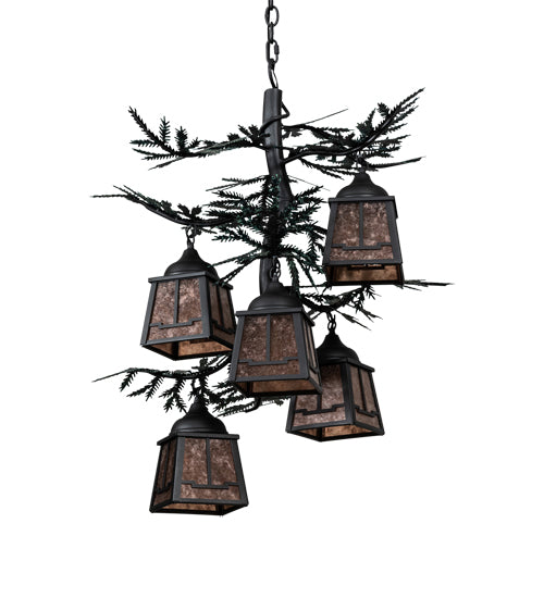 Meyda Lighting Pine Branch 28" 5-Light Gun Metal & Green Branches Valley View Chandelier With Silver Mica Shade Glass