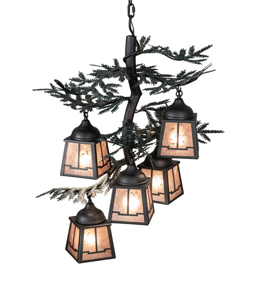 Meyda Lighting Pine Branch 28" 5-Light Gun Metal & Green Branches Valley View Chandelier With Silver Mica Shade Glass