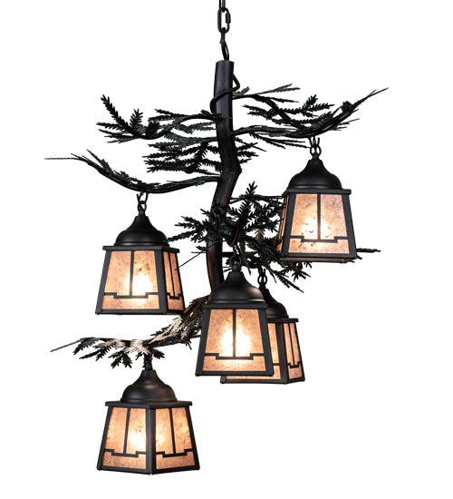 Meyda Lighting Pine Branch 28" 5-Light Gun Metal & Green Branches Valley View Chandelier With Silver Mica Shade Glass