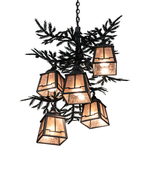 Meyda Lighting Pine Branch 28" 5-Light Gun Metal & Green Branches Valley View Chandelier With Silver Mica Shade Glass