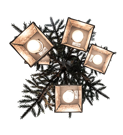Meyda Lighting Pine Branch 28" 5-Light Gun Metal & Green Branches Valley View Chandelier With Silver Mica Shade Glass