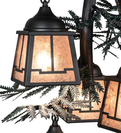 Meyda Lighting Pine Branch 28" 5-Light Gun Metal & Green Branches Valley View Chandelier With Silver Mica Shade Glass