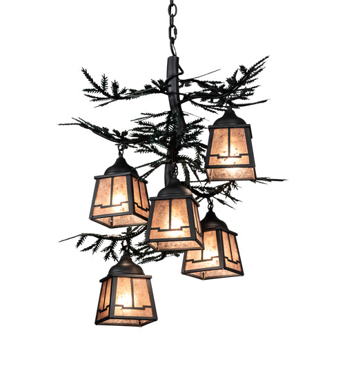 Meyda Lighting Pine Branch 28" 5-Light Gun Metal & Green Branches Valley View Chandelier With Silver Mica Shade Glass