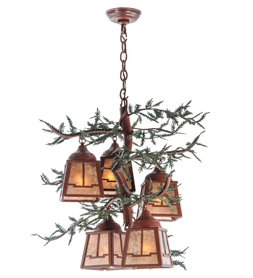 Meyda Lighting Pine Branch 28" 5-Light Rust With Green Branches Chandelier With Silver Mica Shade Glass
