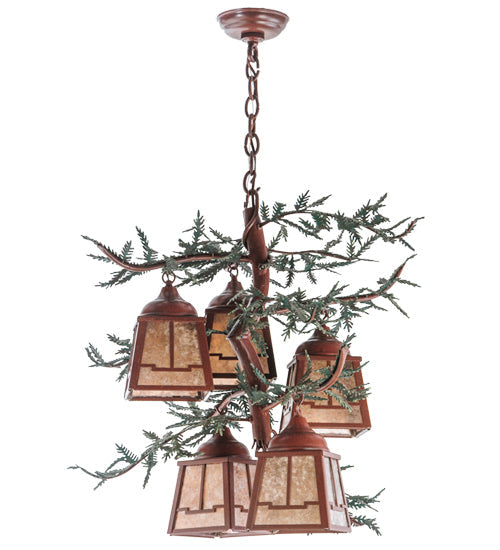 Meyda Lighting Pine Branch 28" 5-Light Rust With Green Branches Chandelier With Silver Mica Shade Glass