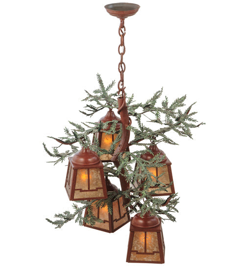 Meyda Lighting Pine Branch 28" 5-Light Rust With Green Branches Chandelier With Silver Mica Shade Glass