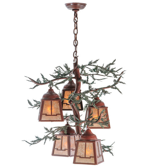 Meyda Lighting Pine Branch 28" 5-Light Rust With Green Branches Chandelier With Silver Mica Shade Glass