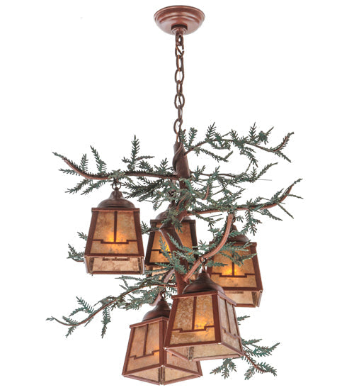 Meyda Lighting Pine Branch 28" 5-Light Rust With Green Branches Chandelier With Silver Mica Shade Glass