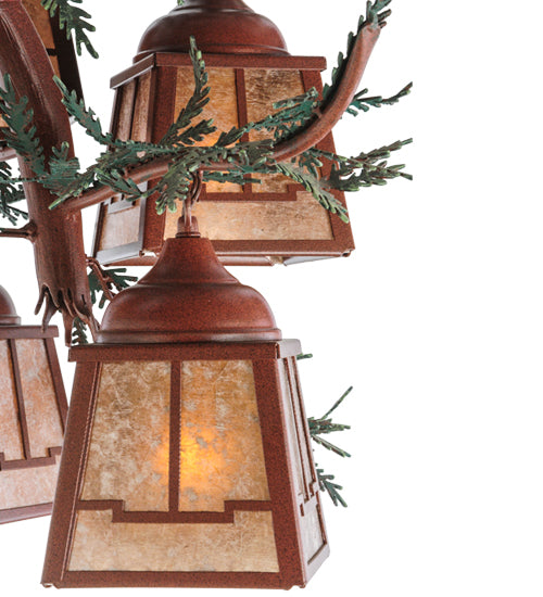 Meyda Lighting Pine Branch 28" 5-Light Rust With Green Branches Chandelier With Silver Mica Shade Glass