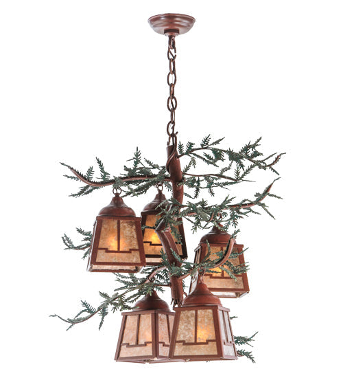 Meyda Lighting Pine Branch 28" 5-Light Rust With Green Branches Chandelier With Silver Mica Shade Glass