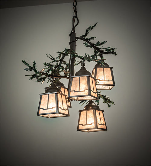Meyda Lighting Pine Branch 28" 5-Light Timeless Bronze & Green Branches Valley View Chandelier With Silver Mica Shade Glass