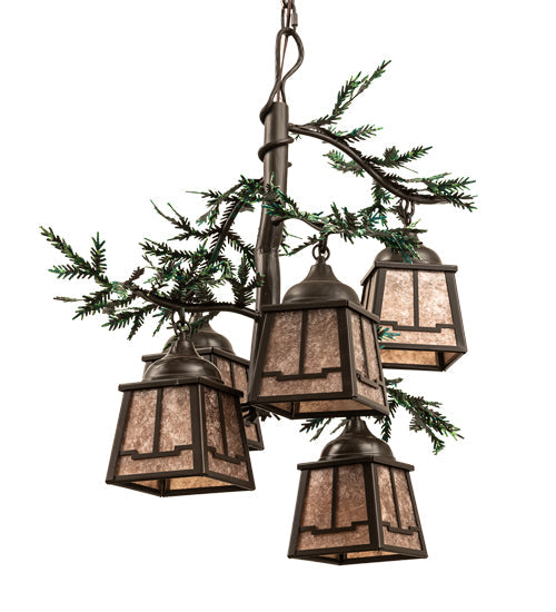 Meyda Lighting Pine Branch 28" 5-Light Timeless Bronze & Green Branches Valley View Chandelier With Silver Mica Shade Glass