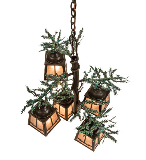 Meyda Lighting Pine Branch 28" 5-Light Timeless Bronze & Green Branches Valley View Chandelier With Silver Mica Shade Glass