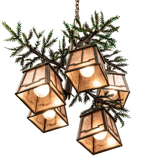 Meyda Lighting Pine Branch 28" 5-Light Timeless Bronze & Green Branches Valley View Chandelier With Silver Mica Shade Glass