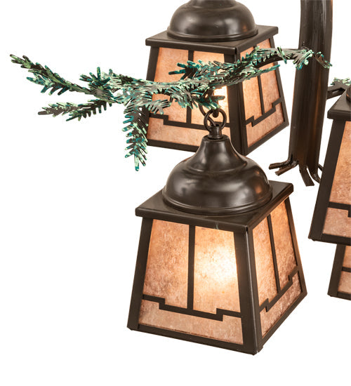 Meyda Lighting Pine Branch 28" 5-Light Timeless Bronze & Green Branches Valley View Chandelier With Silver Mica Shade Glass