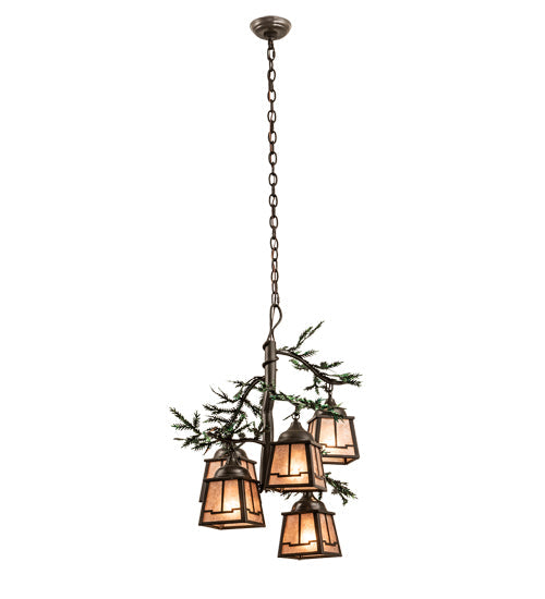 Meyda Lighting Pine Branch 28" 5-Light Timeless Bronze & Green Branches Valley View Chandelier With Silver Mica Shade Glass