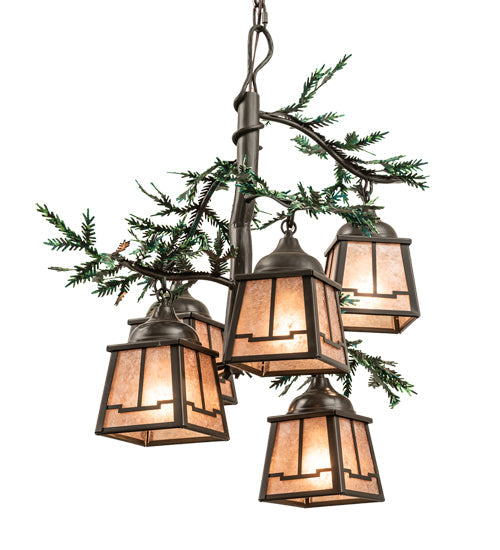 Meyda Lighting Pine Branch 28" 5-Light Timeless Bronze & Green Branches Valley View Chandelier With Silver Mica Shade Glass
