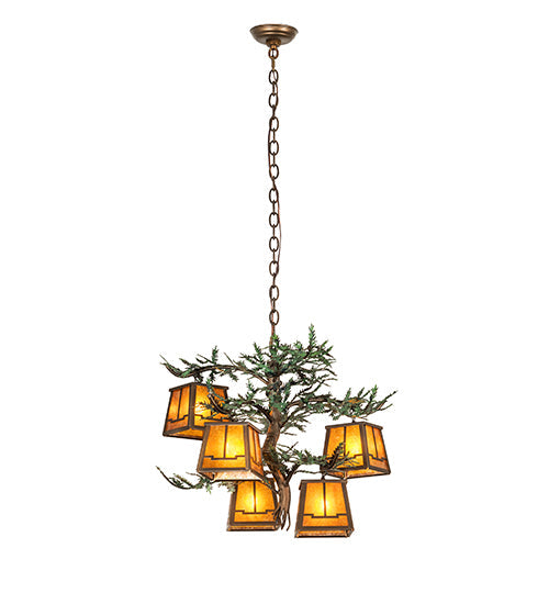 Meyda Lighting Pine Branch 29" 5-Light Antique Copper Valley View Chandelier With Amber Mica Shade Glass
