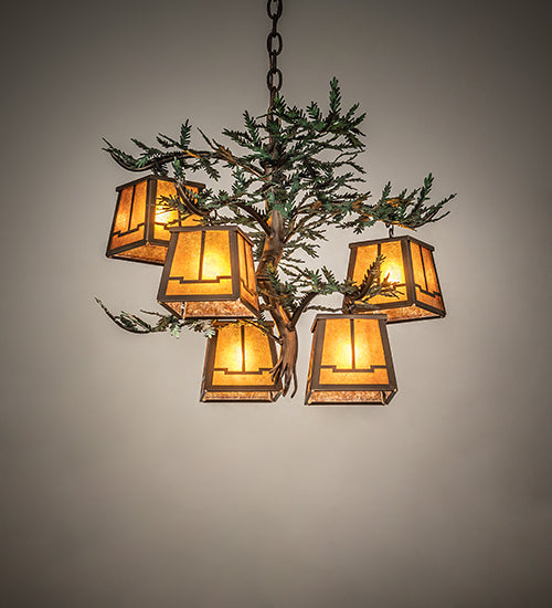 Meyda Lighting Pine Branch 29" 5-Light Antique Copper Valley View Chandelier With Amber Mica Shade Glass