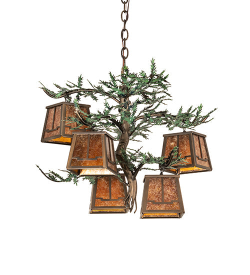 Meyda Lighting Pine Branch 29" 5-Light Antique Copper Valley View Chandelier With Amber Mica Shade Glass
