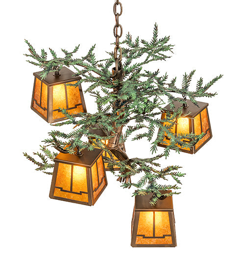 Meyda Lighting Pine Branch 29" 5-Light Antique Copper Valley View Chandelier With Amber Mica Shade Glass