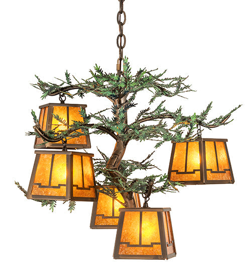 Meyda Lighting Pine Branch 29" 5-Light Antique Copper Valley View Chandelier With Amber Mica Shade Glass