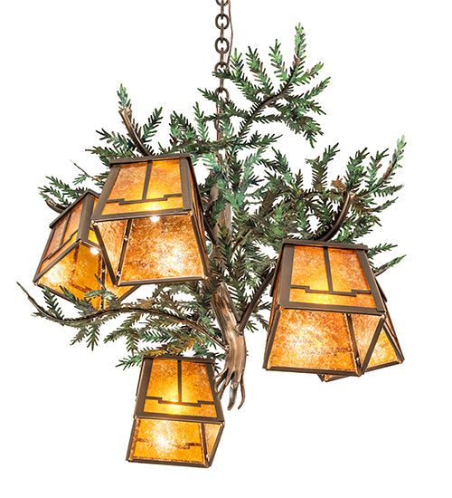 Meyda Lighting Pine Branch 29" 5-Light Antique Copper Valley View Chandelier With Amber Mica Shade Glass