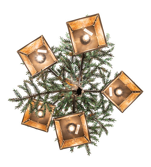 Meyda Lighting Pine Branch 29" 5-Light Antique Copper Valley View Chandelier With Amber Mica Shade Glass