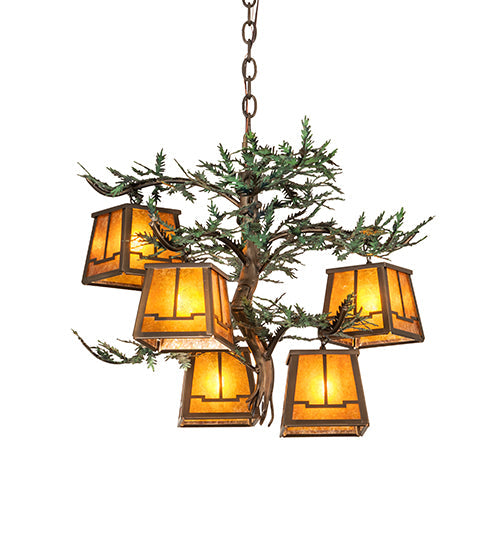 Meyda Lighting Pine Branch 29" 5-Light Antique Copper Valley View Chandelier With Amber Mica Shade Glass